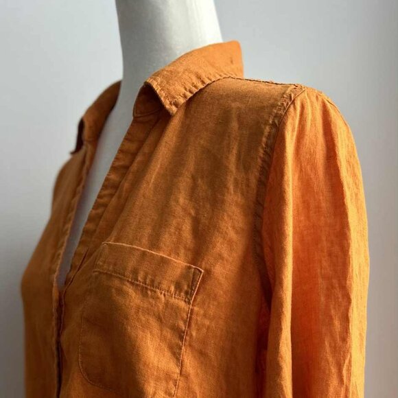 Sigrid Olsen Pumpkin Orange Pure Linen Button-Front Shirt w/ Sleeve Tabs – US M - Picture 11 of 15